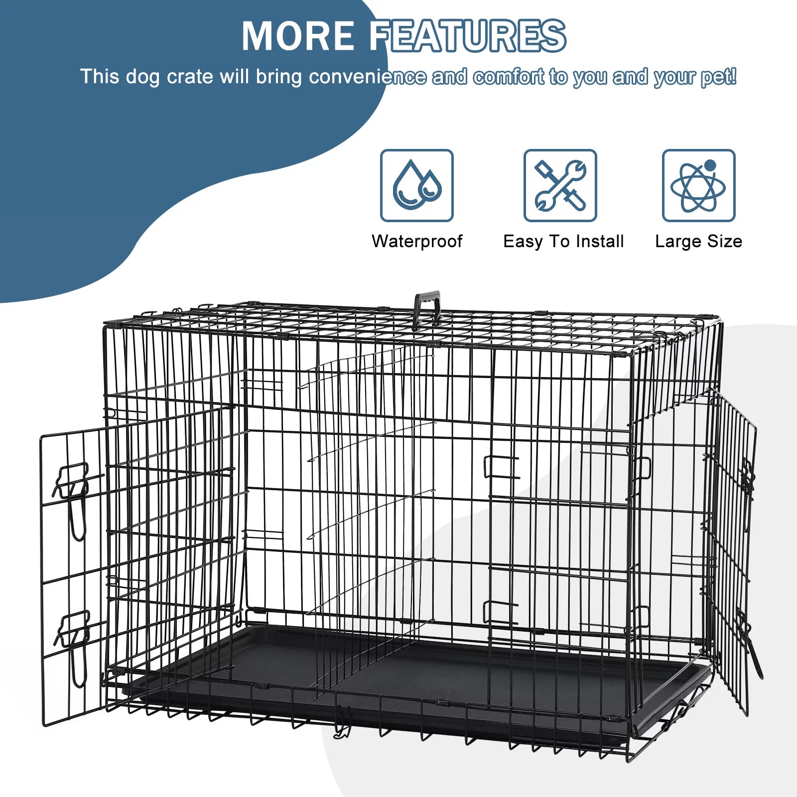 48 Inch Dog Crate, Dog Crates and Kennels for Big Dog Foldable Large Dog Crate for Large Dogs with Handle Double-Door Outdoor Metal Wire Dog Cage with Plastic Tray for Medium Dogs, Black