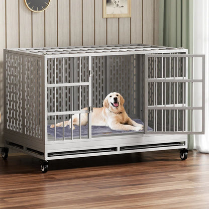 RERORD 48 Inch Heavy Duty Dog Crate with Wheels, Folding Metal Big Dog Cage Extra Large Dog Crate