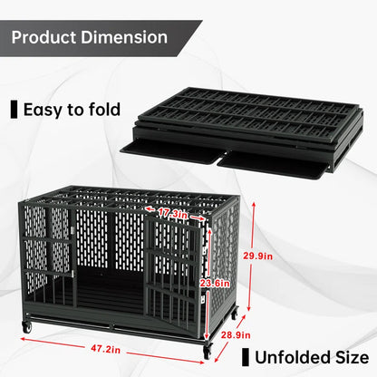 RERORD 48 Inch Heavy Duty Dog Crate with Wheels, Folding Metal Big Dog Cage Extra Large Dog Crate