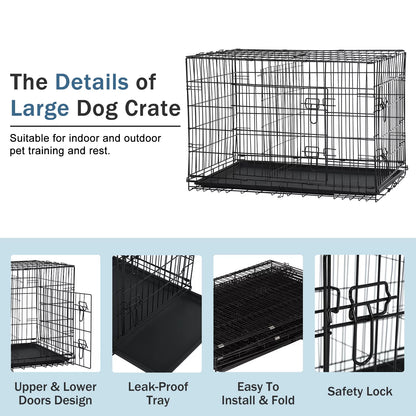 48 Inch Dog Crate, Dog Crates and Kennels for Big Dog Foldable Large Dog Crate for Large Dogs with Handle Double-Door Outdoor Metal Wire Dog Cage with Plastic Tray for Medium Dogs, Black