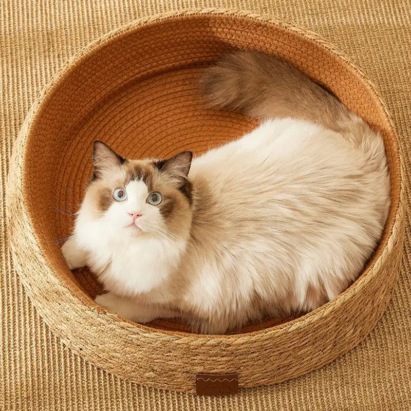 PE Rattan Woven Cat Bed Lounger Wicker Dog Bed Cat Scratching Board Cozy Kitten Nest Pet Furniture for Cat Scratching Rabbits